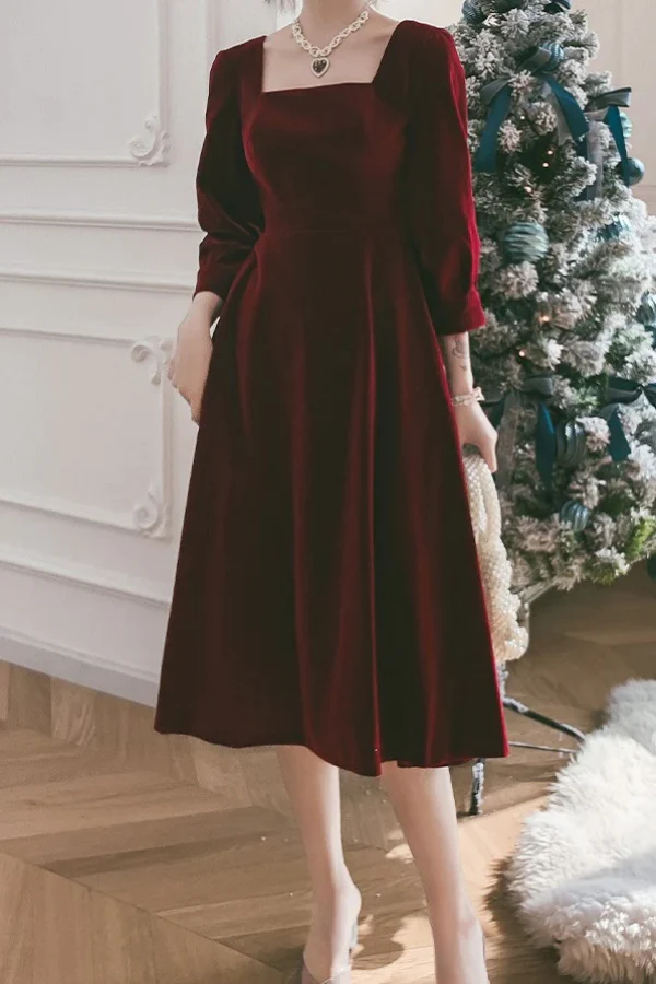 Vintage Square Necking Tea Length Burgundy Velvet Prom Dresses fg4754
