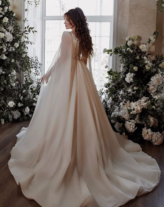 Boho Square Neck Wedding Dress with Sparkling Stone Crystals Cape Features Chiffon Sleeves Formal Event Gown fg3941