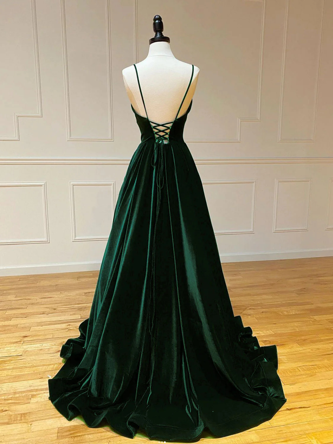 A-Line V Neck Velvet Green Long Prom Dresses, Green Velvet Formal Dress fg4435