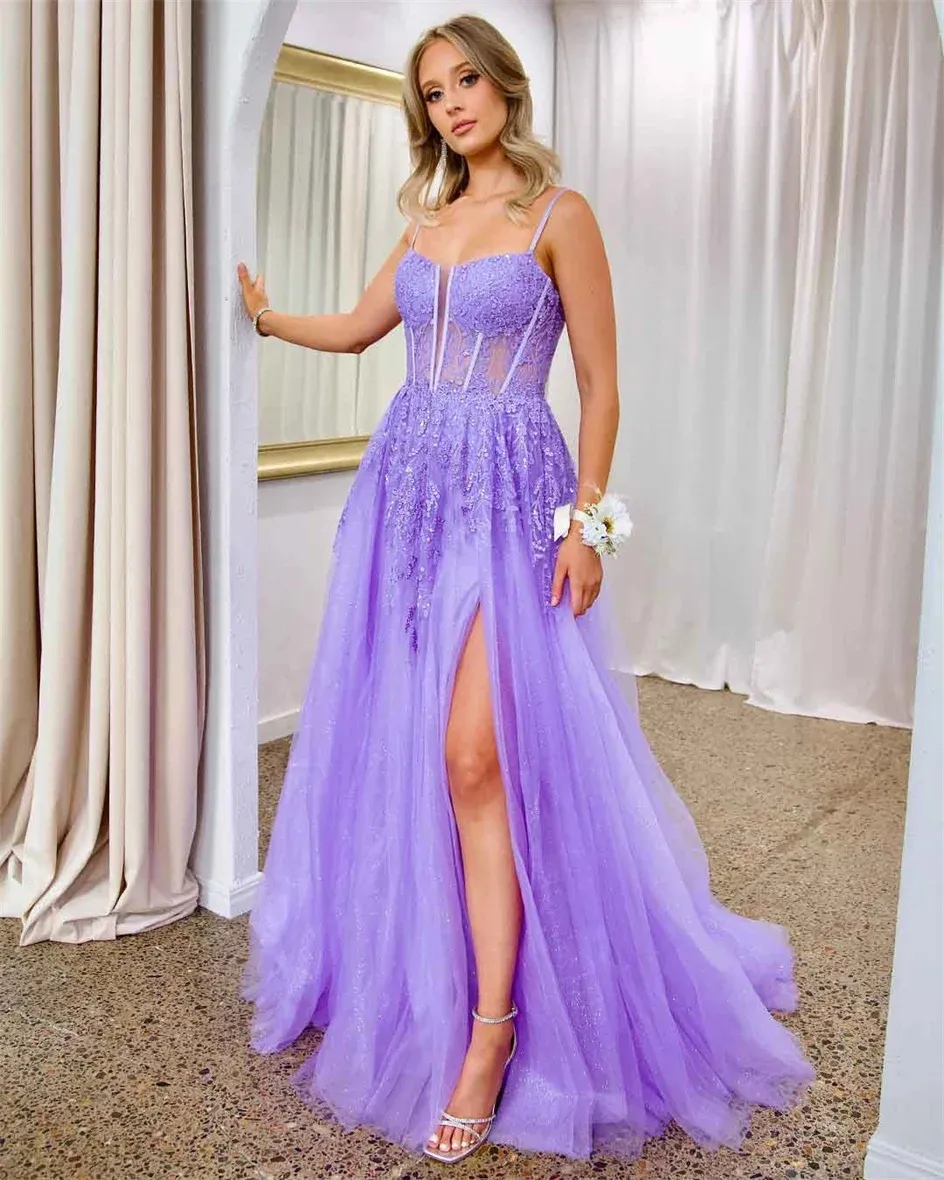 A-Line Prom Dress Spaghetti Straps Sequin Applique Tulle Evening Birthday Party Dress fg5627