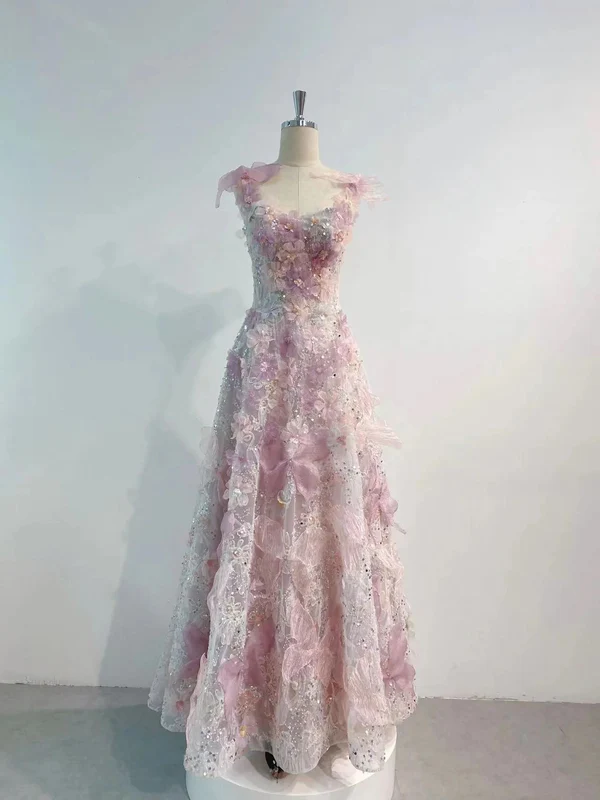Romantic Pink 3D-Floral Prom Dress Formal Dress pink prom dresses fg5149
