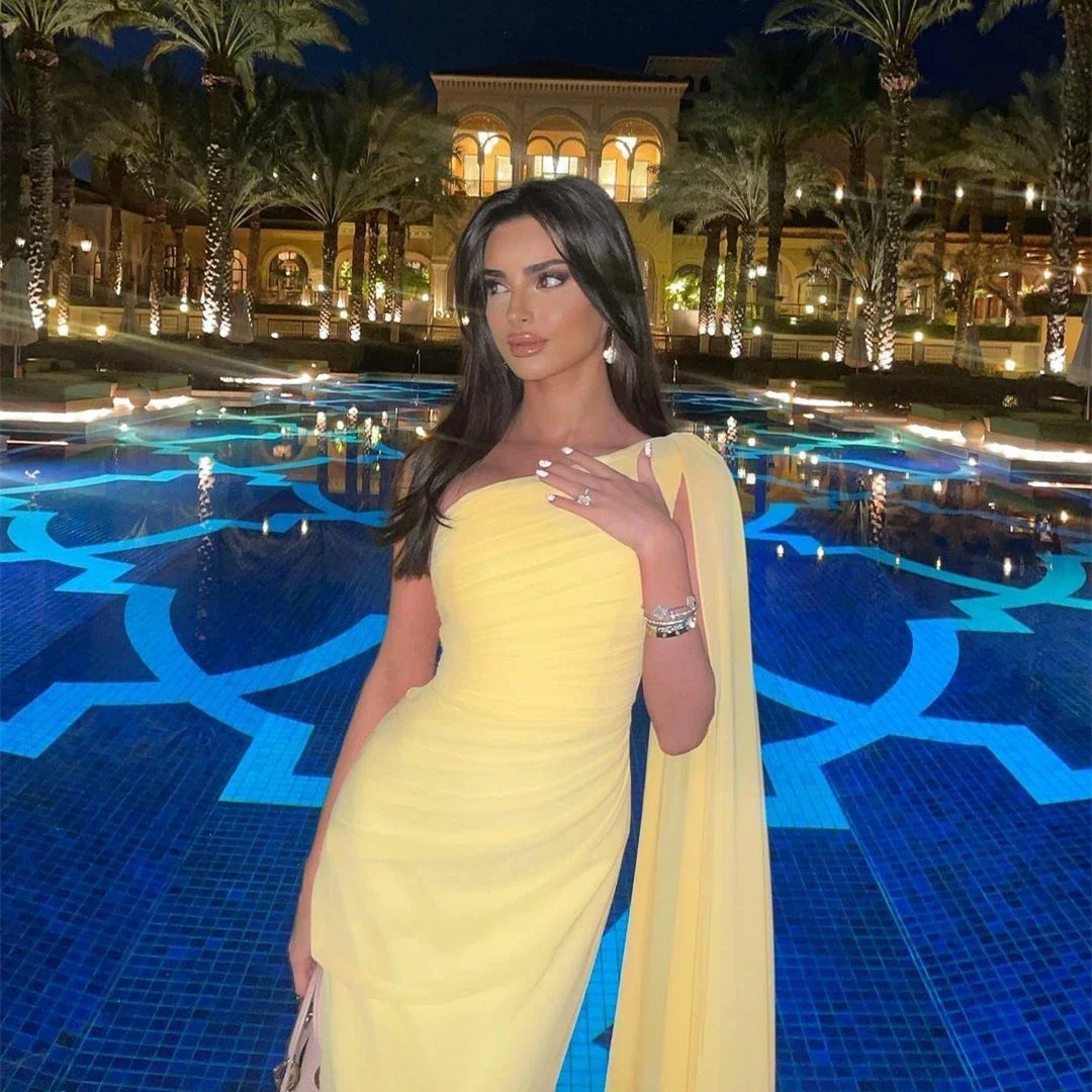 Yellow Chiffon One Shoulder Evening Dress Elegant Pleated Dubai Arabic Evening Gowns fg5926