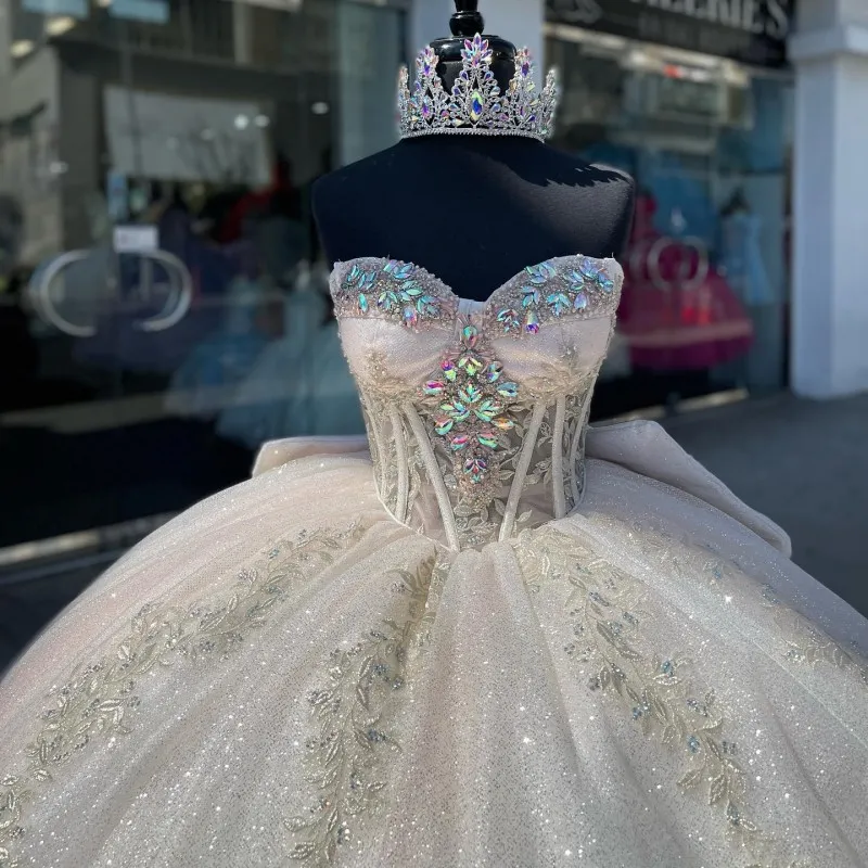 Luxury Ivory Sparkly Off-shoulder Quinceanera Dresses Crystal Birthday Party Prom Dress fg5557