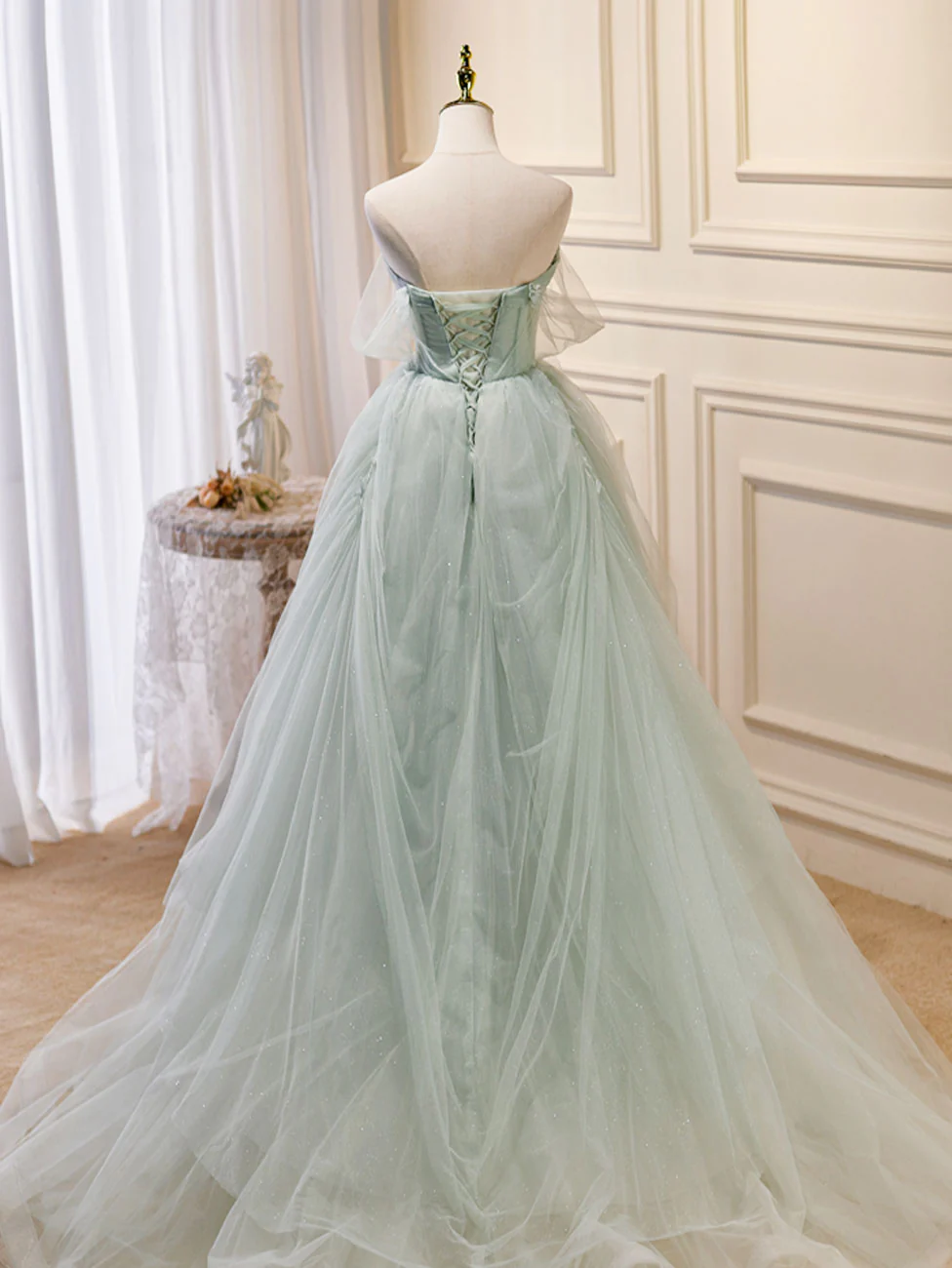 A-Line Off Shoulder Tulle Green Long Prom Dresses, Green Formal Dress with Beading fg5475