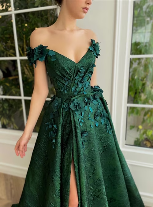 A-Line Prom Dresses Floral Dress Wedding Guest Wedding Party Court Train Sleeveless Off Shoulder Evening Dress fg3945