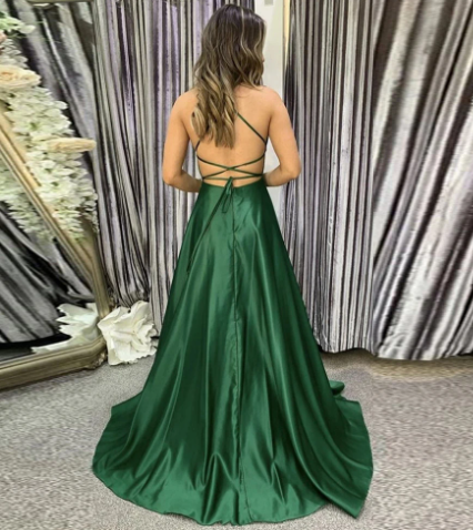 Green A line Prom Dresses Long Side Slit Spaghetti Strap Sexy Satin Formal Evening Dress fg4203