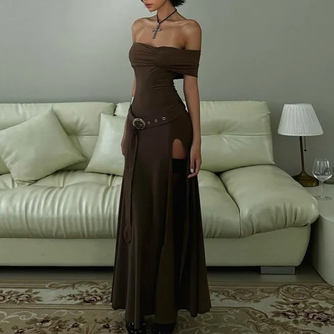 Off Shoulder Slit Maxi A-Line Dress fg5484