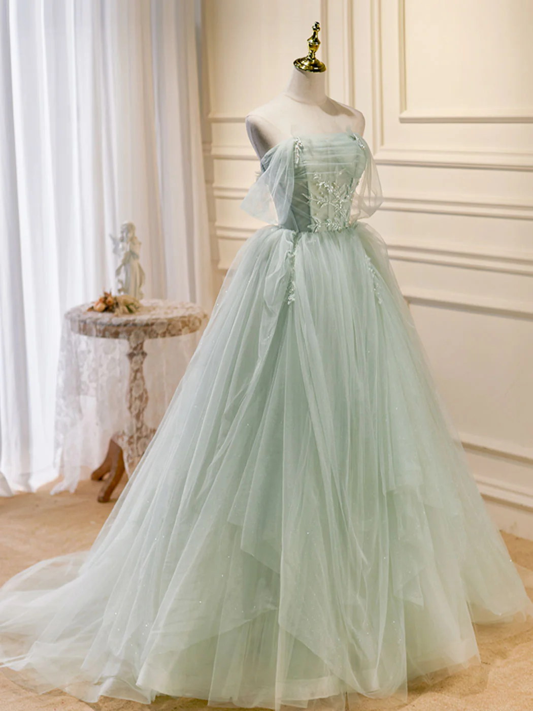 A-Line Off Shoulder Tulle Green Long Prom Dresses, Green Formal Dress with Beading fg5475