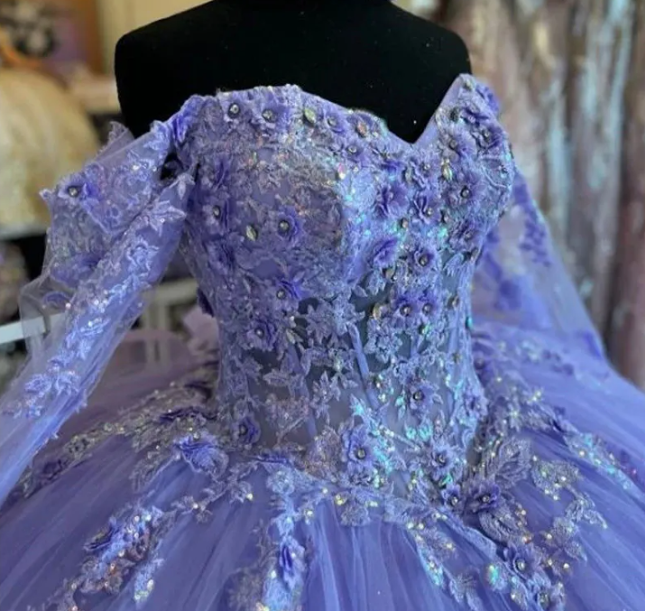 Lilac Quinceanera Dresses Long Sleeve 3D Flowers Appliques Lace-Up Prom Sweet 16 Princess Dresse Vestidos De 15 Anos fg5694