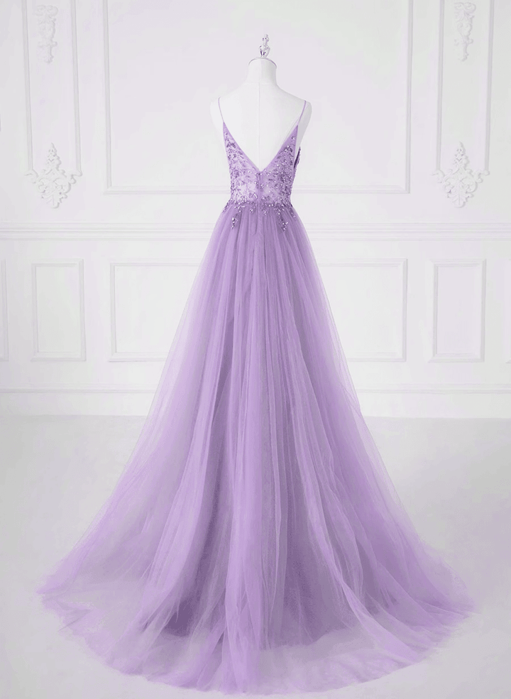 A-line Tulle Lavender Beaded Long Prom Dress, Lavender Tulle Formal Dress fg5414