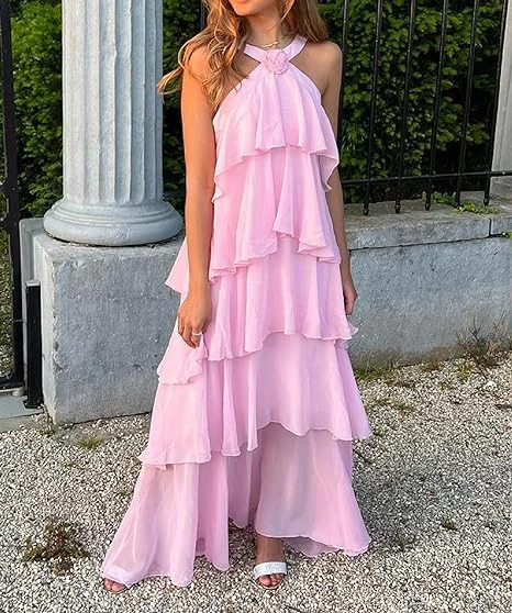 Pink A-line Tiered Prom Dress,Pink Backless Evening Dress fg4539