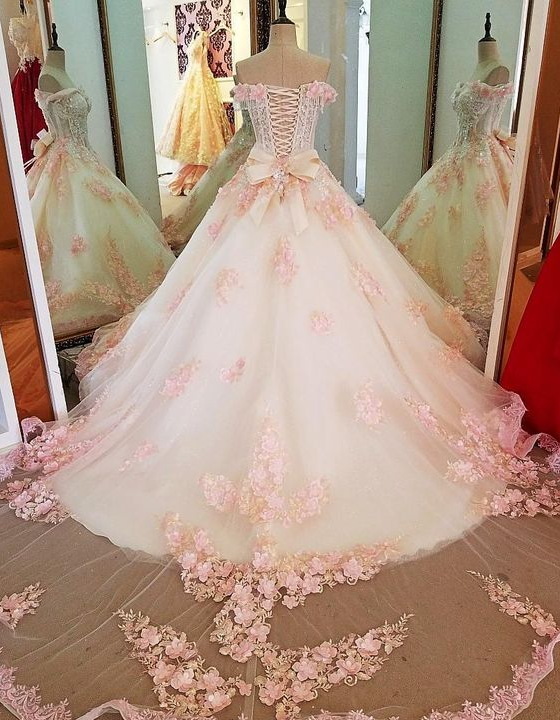 Sweet 16 Dresses Pink Lace Floral Prom Dresses Ball Gown Off The Shoulder Elegant Beaded Luxury Prom Gown fg4334