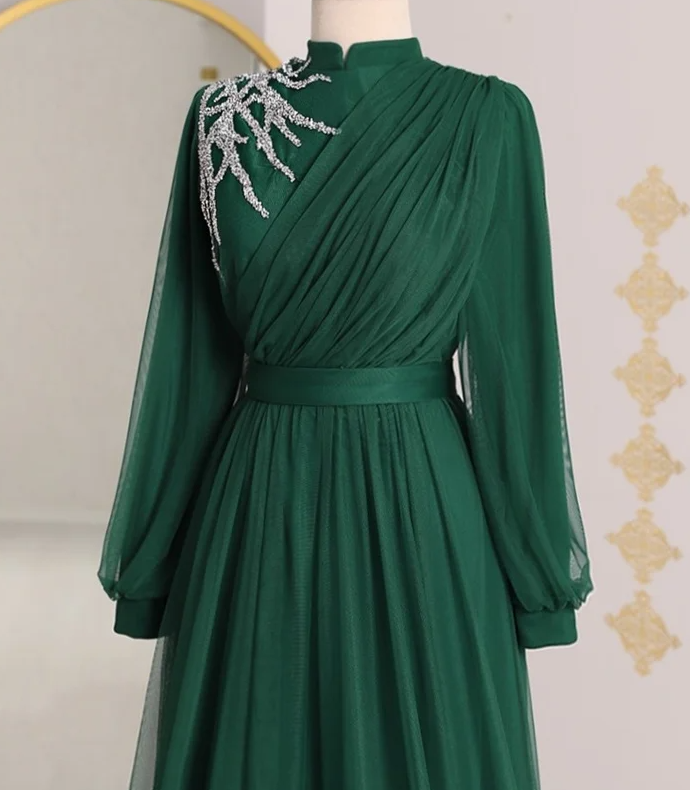 Tulle Beaded Muslim Evening Dresses Long Sleeve Formal Party Prom Gown High Neck Dress fg5971