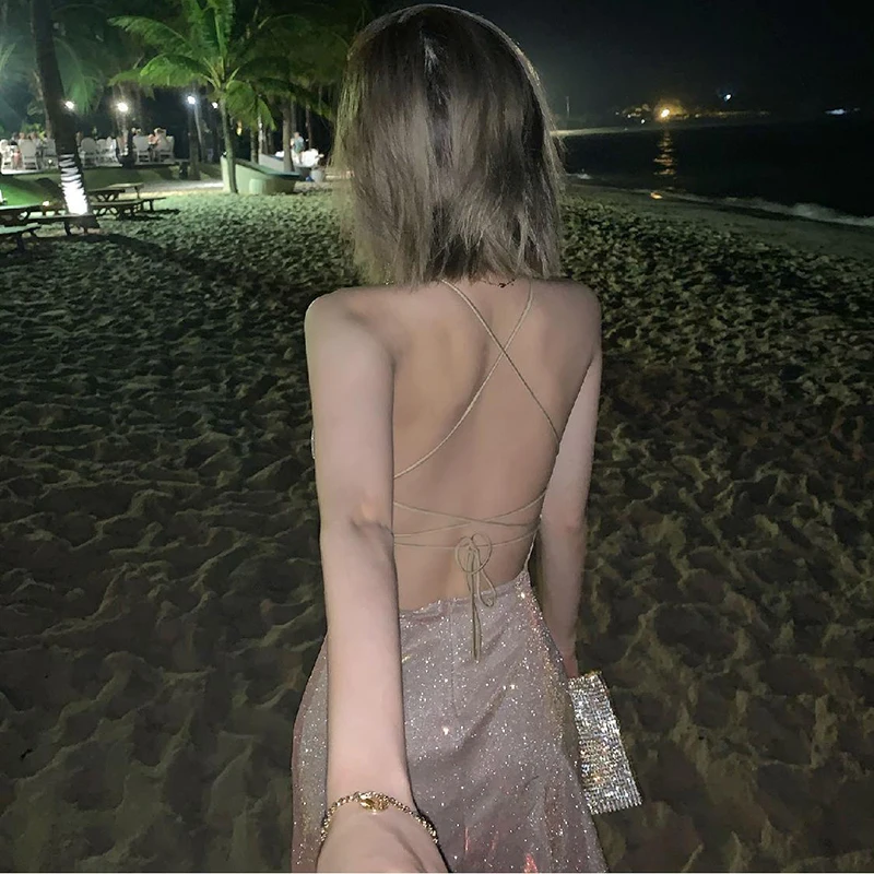 Fashion Sequin Dress Women Sexy Backless Spaghetti Strap Dresses Elegant Evening Party Dress fg5962