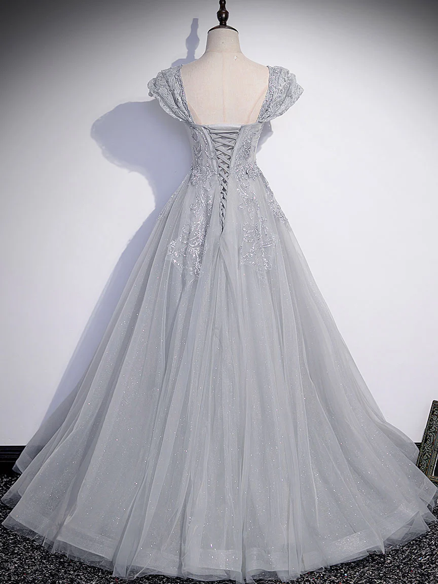 Gray Sweetheart Neck Tulle Lace Long Prom Dress, Gray Evening Dress fg6115