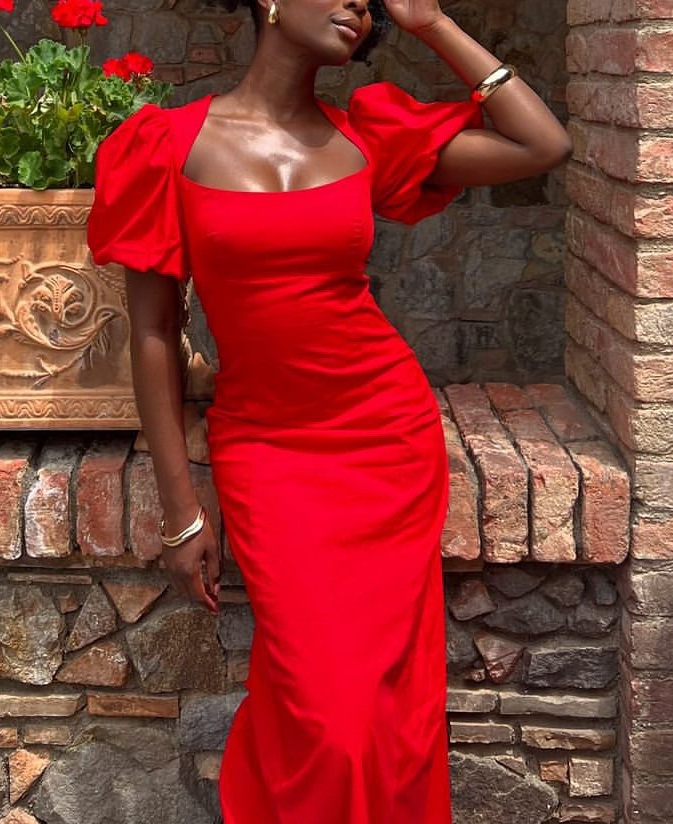 Sexy Puff Sleeves Gown Red Party Prom Evening Dress fg6056