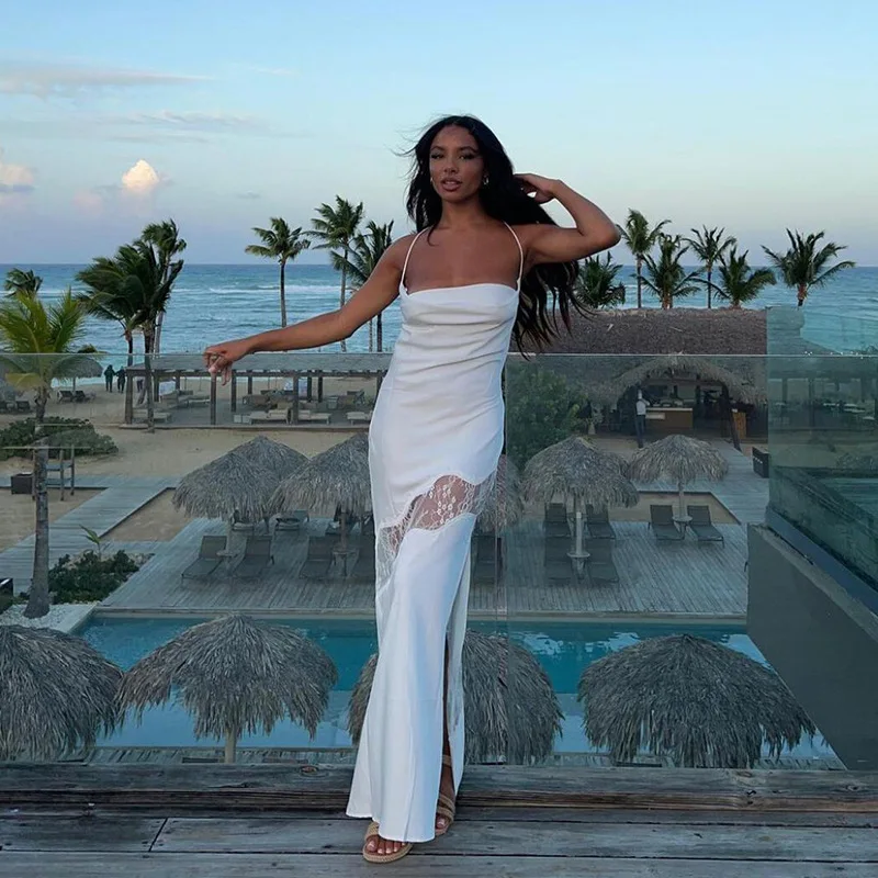 Women Sexy Sleeveless Backless Lace Patchwork Dress Sexy Slit Bodycon Dresses Elegant Party Long Formal Dress fg6100