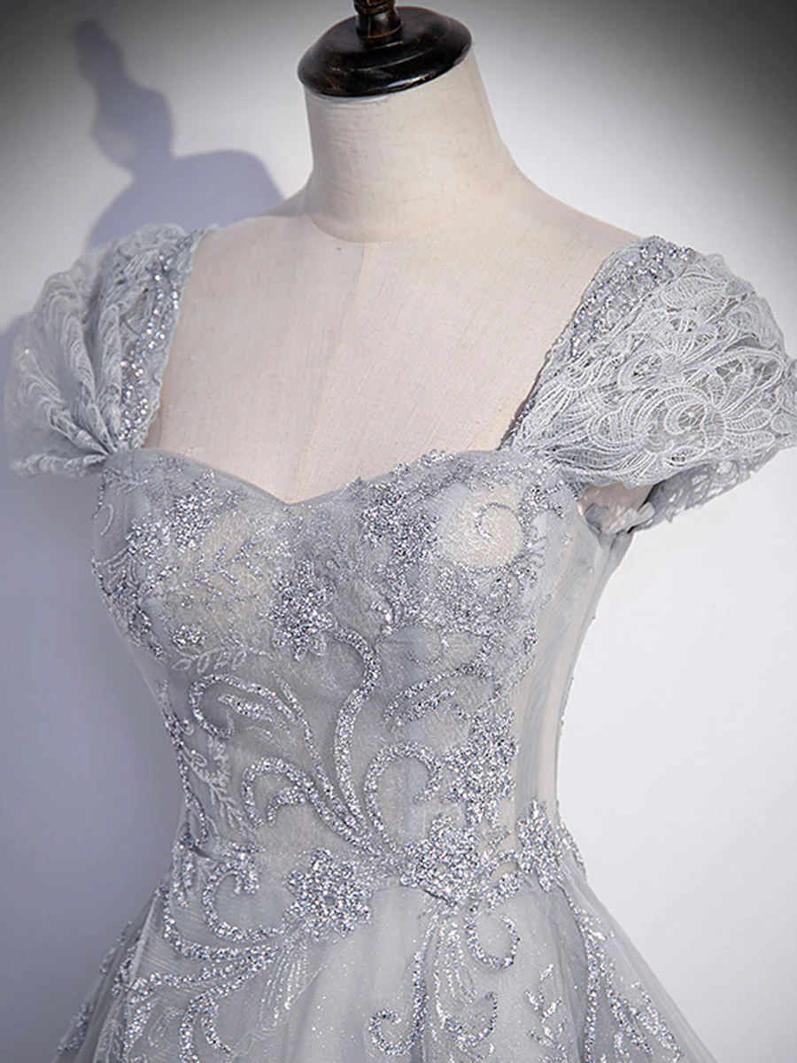 Gray Sweetheart Neck Tulle Lace Long Prom Dress, Gray Evening Dress fg6115