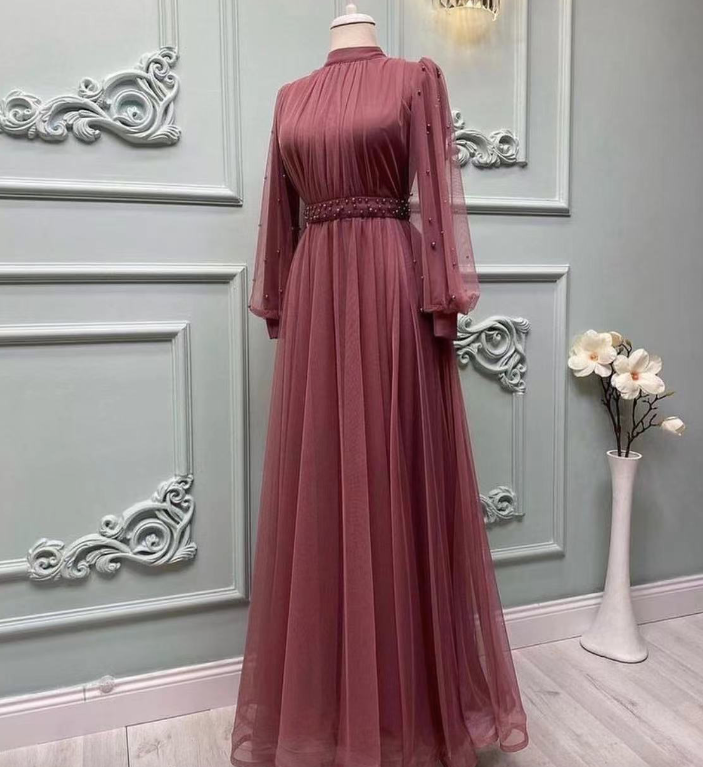 Long Sleeve Prom Dresses, A Line Prom Dresses, Tulle Evening Dresses, Sexy Prom Dresses, Evening Gowns With Pearls fg5989