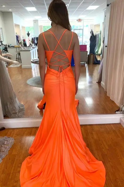 Orange Mermaid Prom Dress with Double Spaghetti Straps and Side Slit fg4724