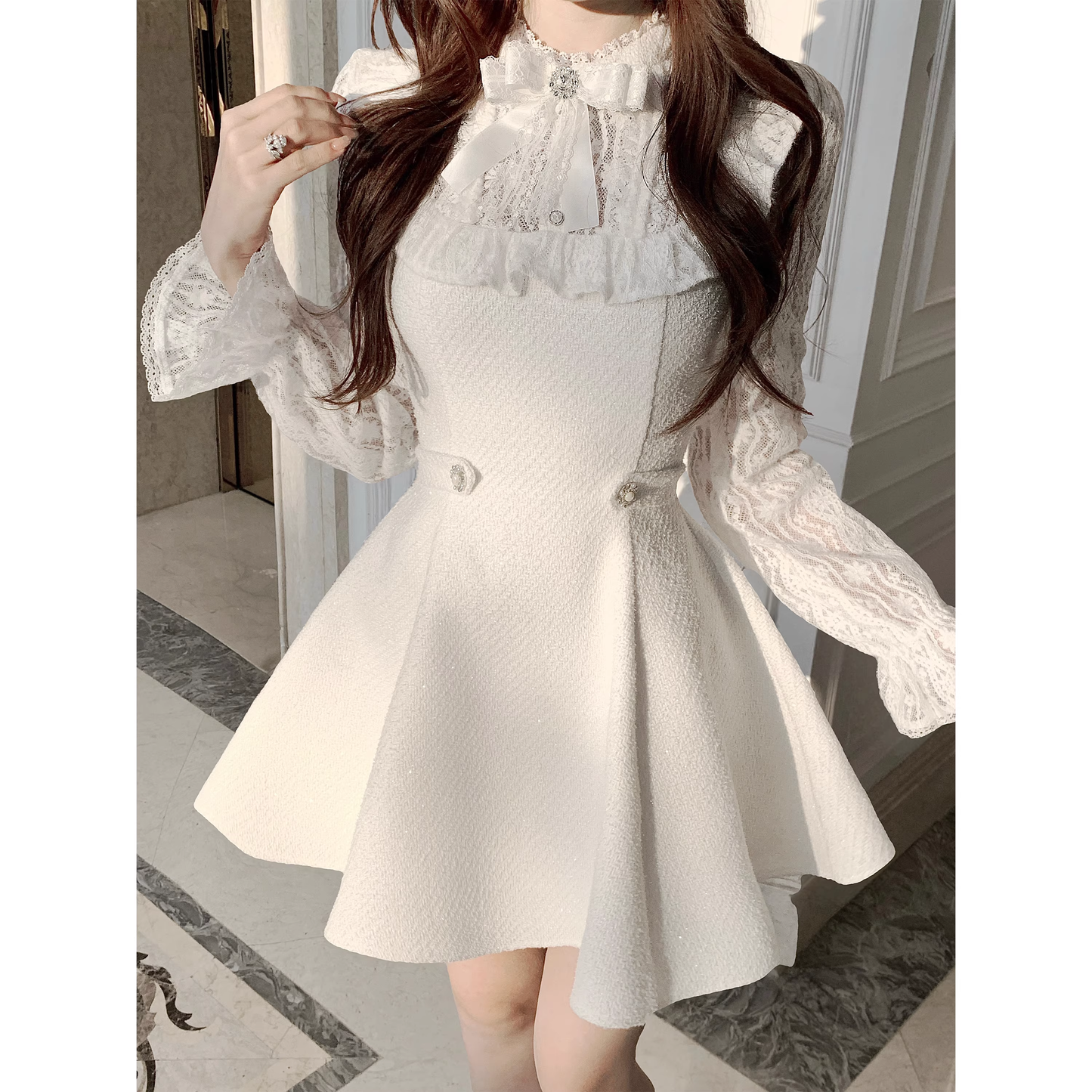 Lace White Dress for Women, Autumn/Winter Short Skirt A78