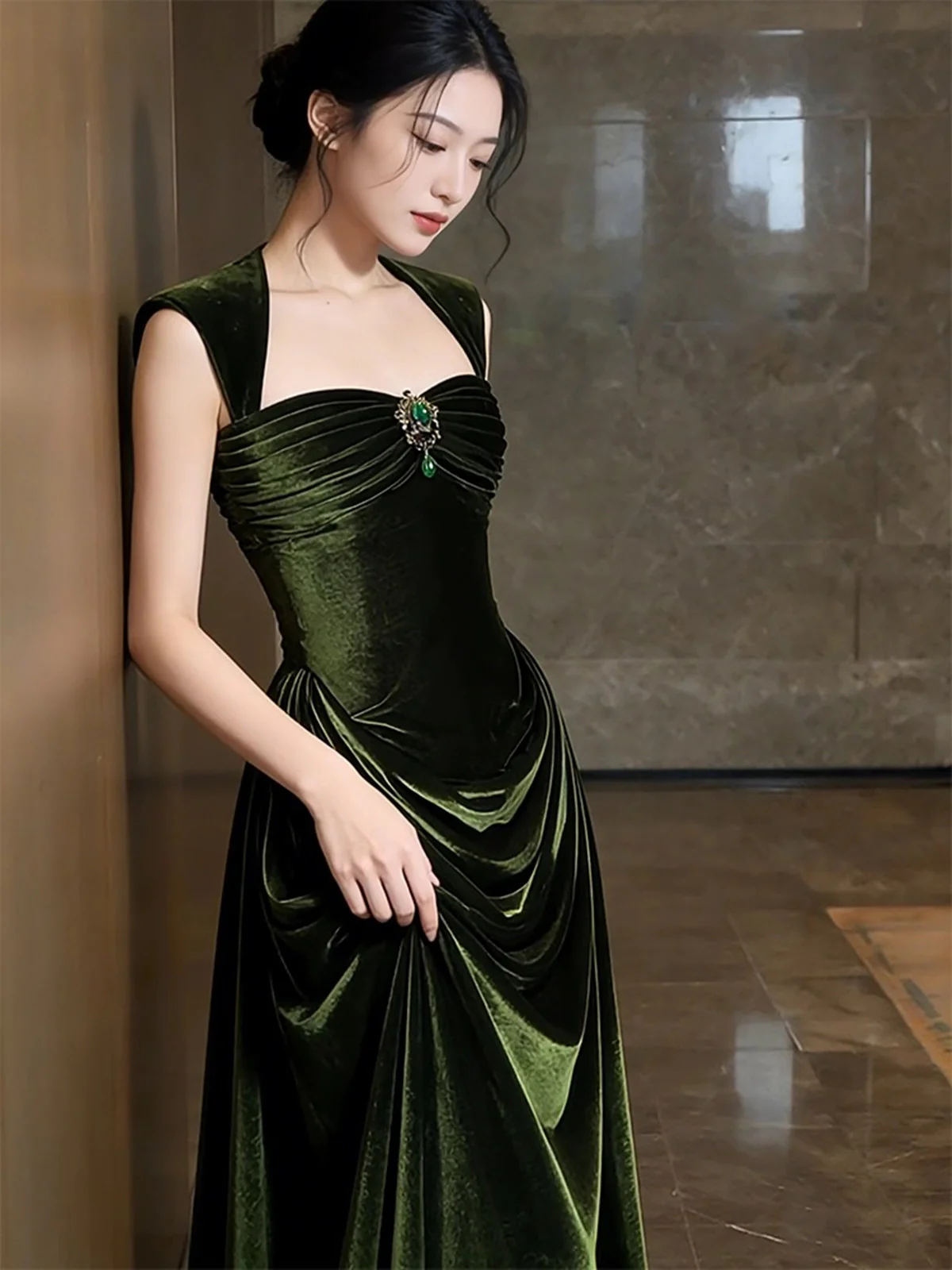 Green Velvet Sweetheart Long Prom Dress, Green Velvet Wedding Party Dress Formal Dress fg8721