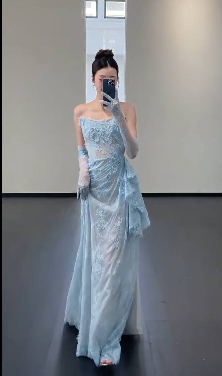 Blue Lace Mermaid Long Prom Dress Sexy Evening Dresses With Side Split fg7665