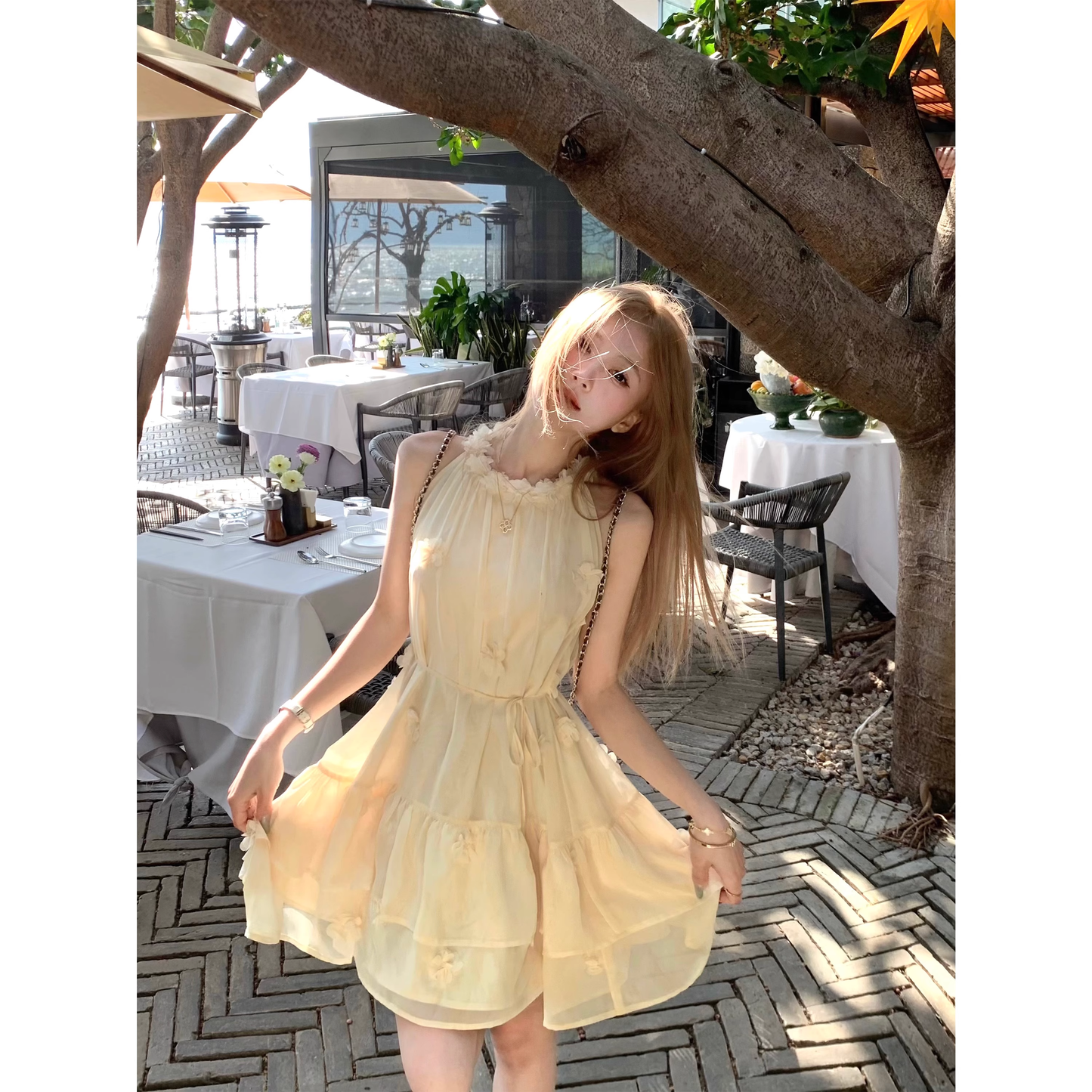 Creamy yellow halter neck dress French style short skirt A41