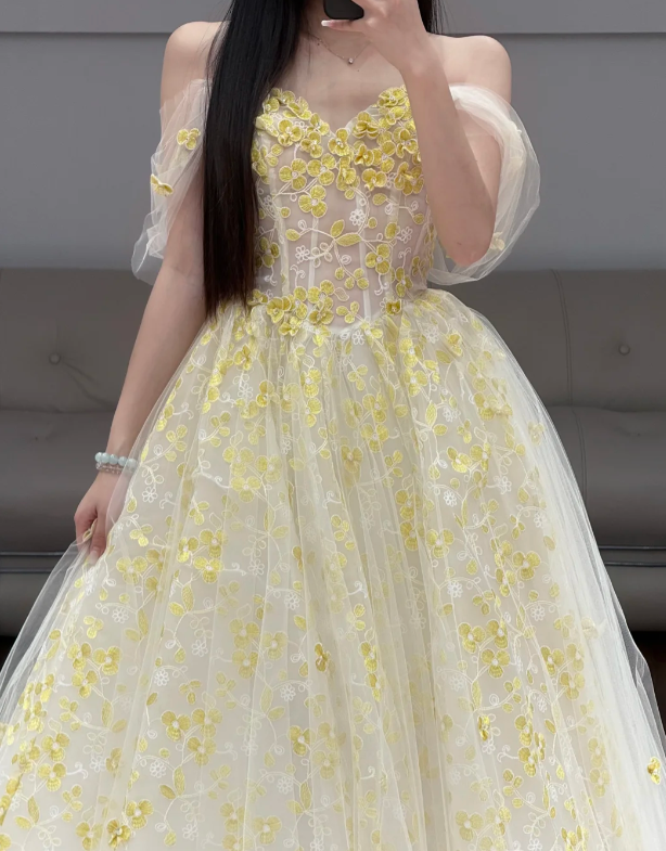 Off The Shoulder White Prom Party Dress Yellow Lace Evening Dress fg8711