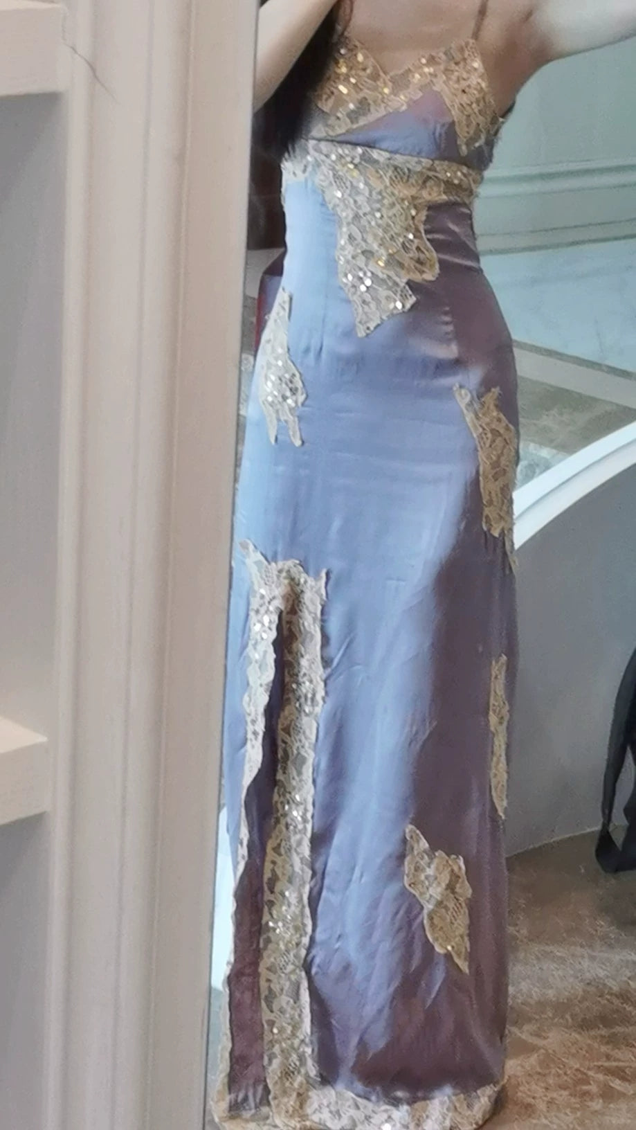 Elegant Satin Long Prom Dress With Split Vintage Evening Dress With Lace Applique fg8256