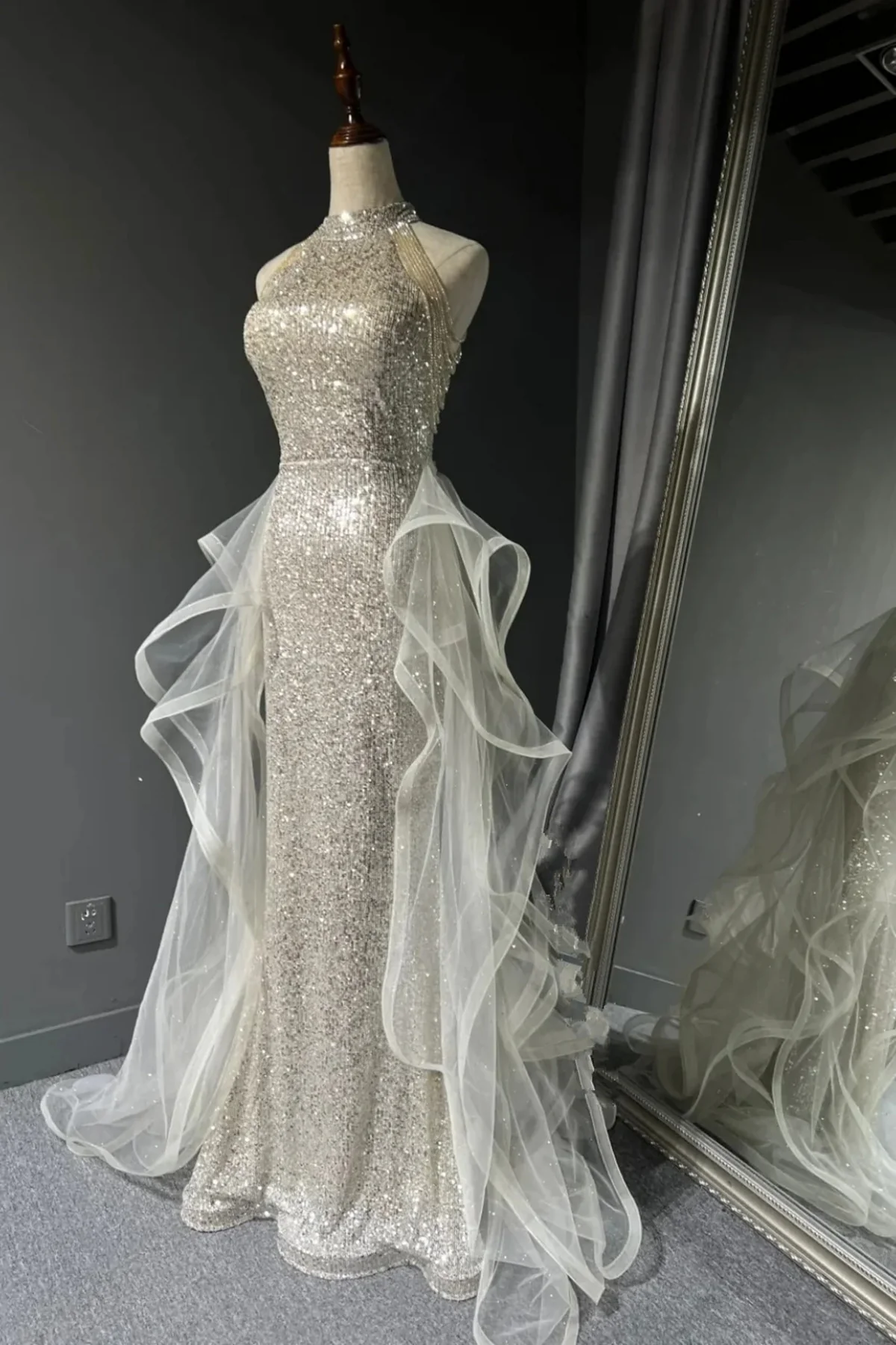 Chic White Tulle and Sequins Long Prom Dress, Halter A-line Party Dress Evening Dress fg8719