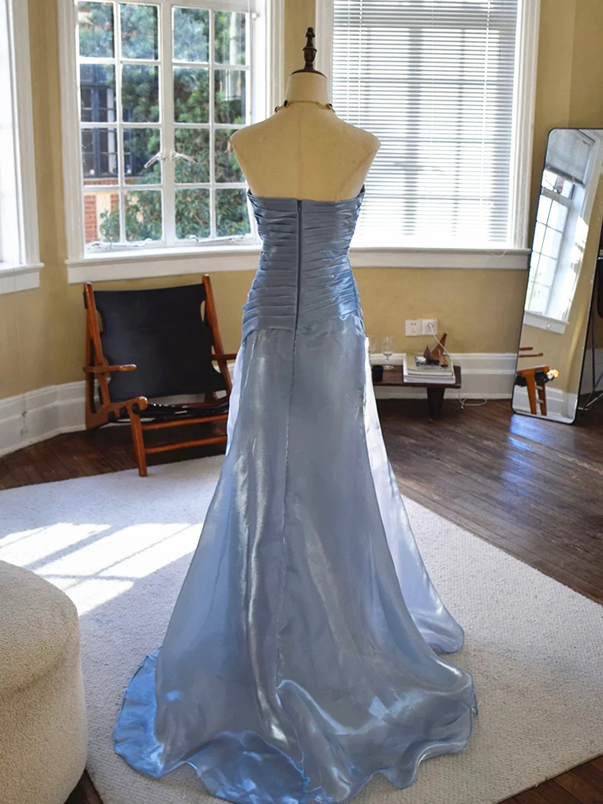 Vintage-Inspired Blue Strapless Prom Dress, Ruched Pleated Mermaid Evening Dress fg8746