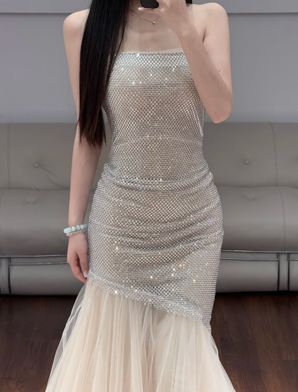 Sleeveless Silver Prom Party Dress Mermaid Evening Dress fg8709