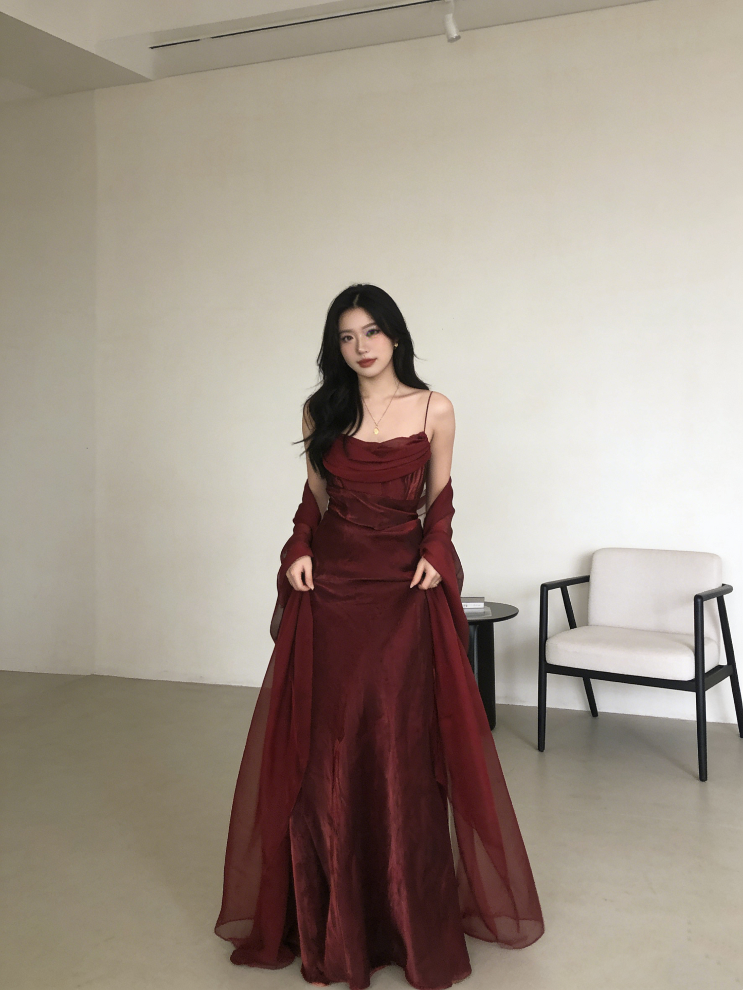 Spaghettiträger Einfaches Burgunder Langes Ballkleid fg1794