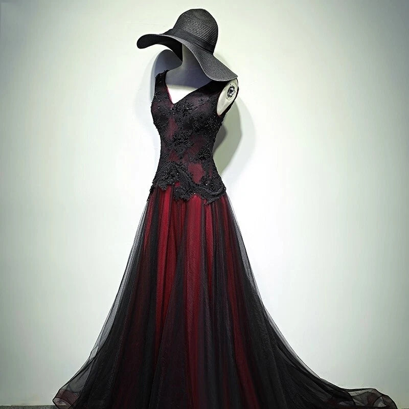 Gorgeous Black And Red V-Neckline Tulle Beaded Prom Dress, Long Evening Gown fg1880