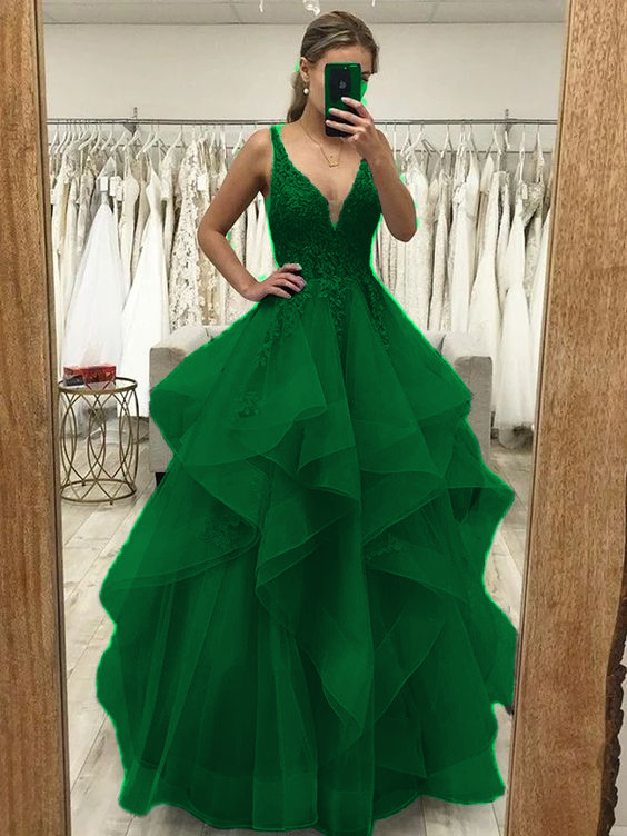 A-Linie/Princess-Linie Tüll Applikationen V-Ausschnitt Ärmellos Bodenlang Kleider Ballkleid fg4509