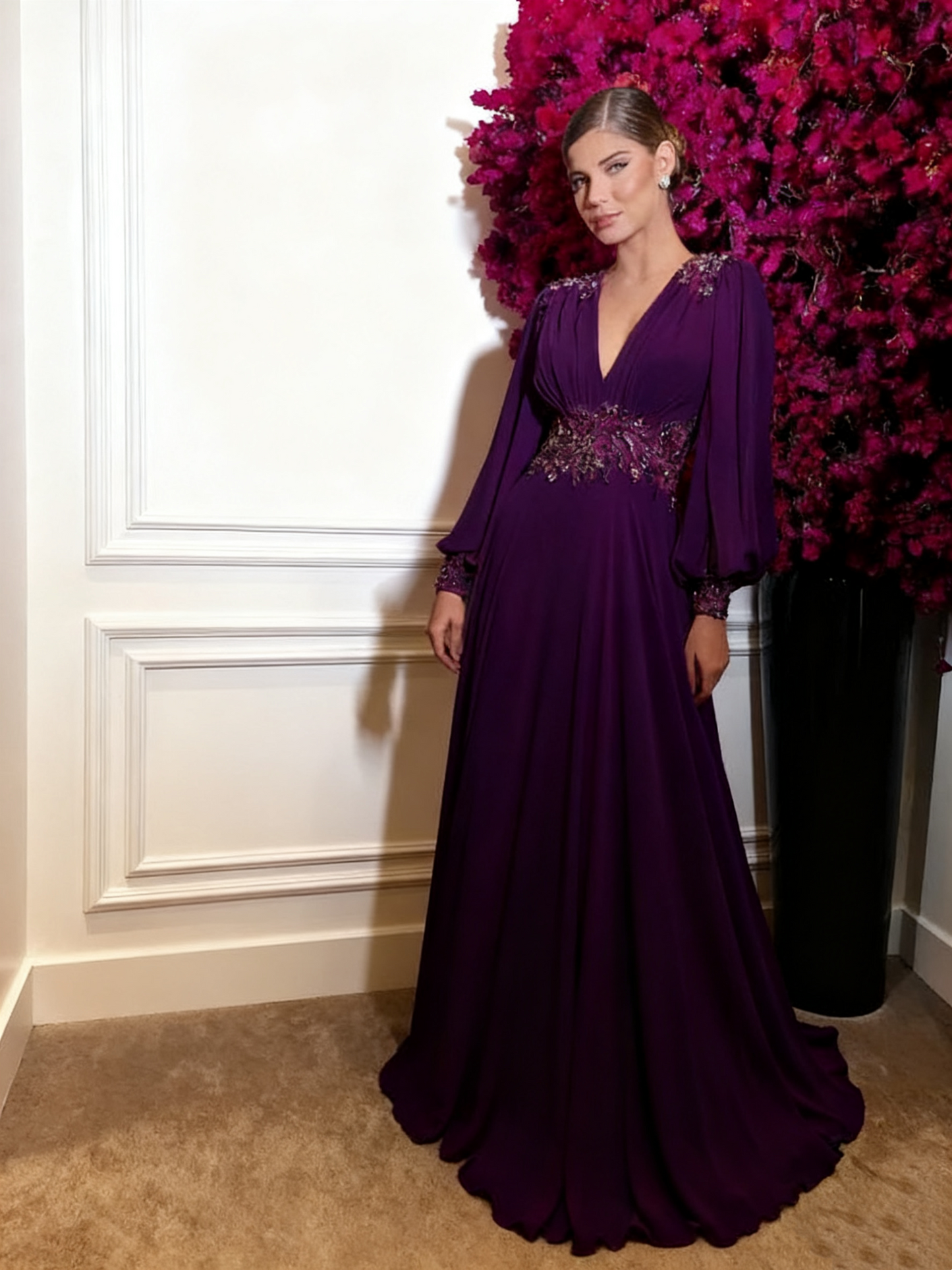 Fuchsia Chiffon Ballkleider Schlichtes Abendkleid Lange Puffärmel V-Ausschnitt Schlitz A-Linie Partykleider fg4859