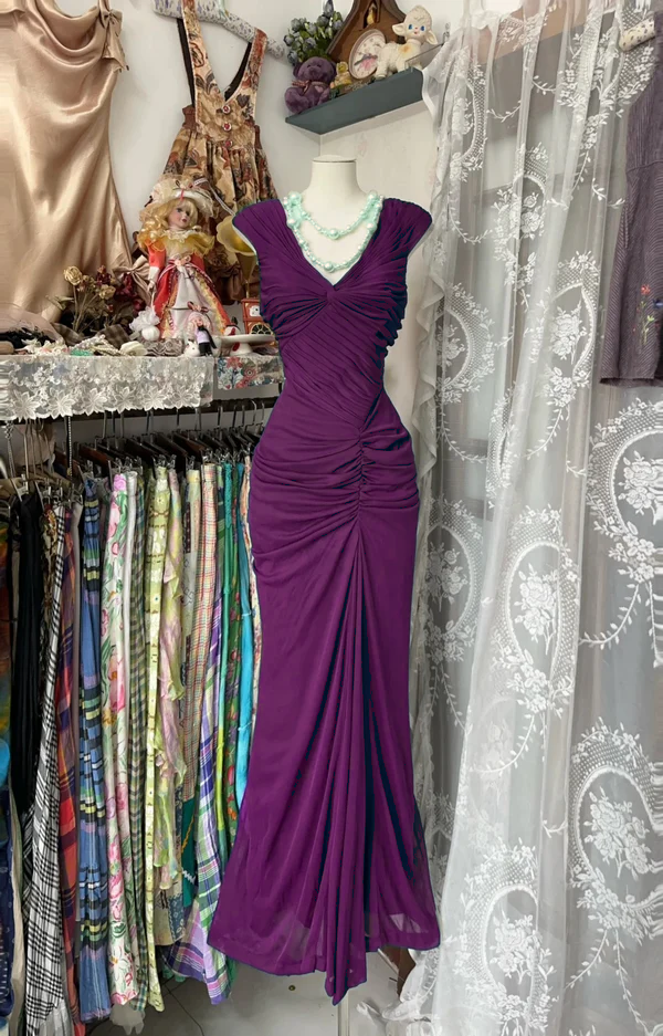 Robe de soirée longue bleu marine à plis style sirène, style vintage, fg8038