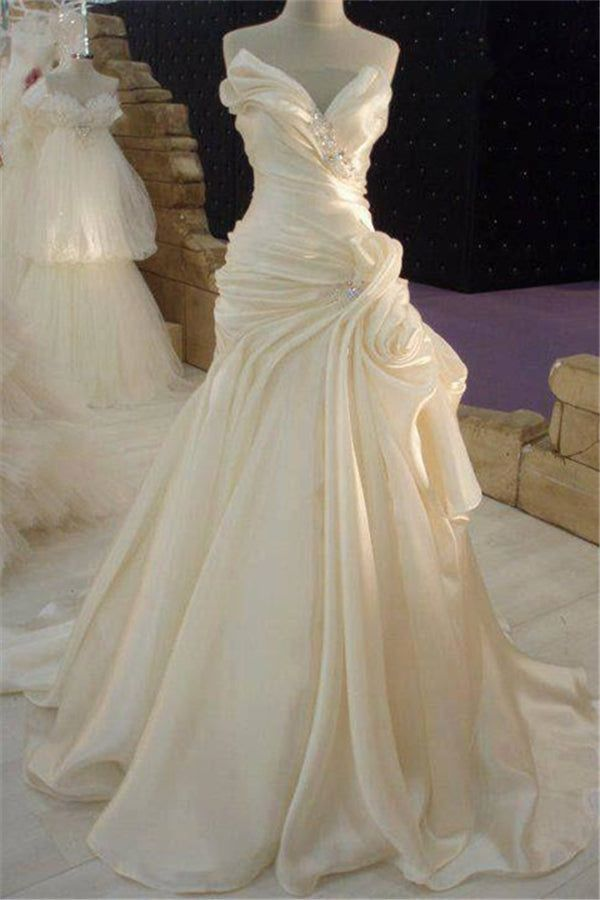 Ruffless Cream Satin Wedding Dress with Beadings Classic Long Bridal Dress fg8282