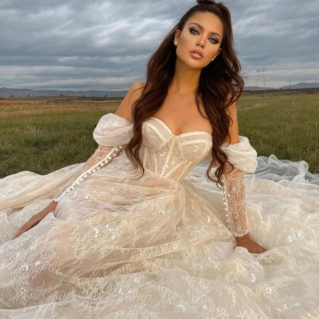 Stunning Lace Long Sleeves Wedding Dresses Off The Shoulder Sweetheart Neck A Line Bridal Gowns fg4044