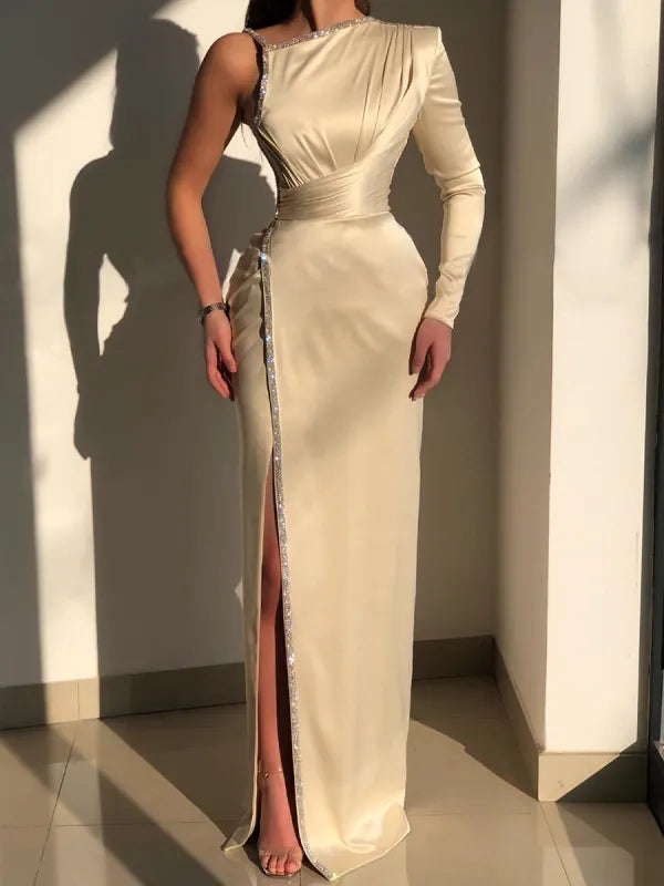 Elegant Ivory One-shoulder Long-Sleeve Sheath Prom Dresses with Sequins fg677