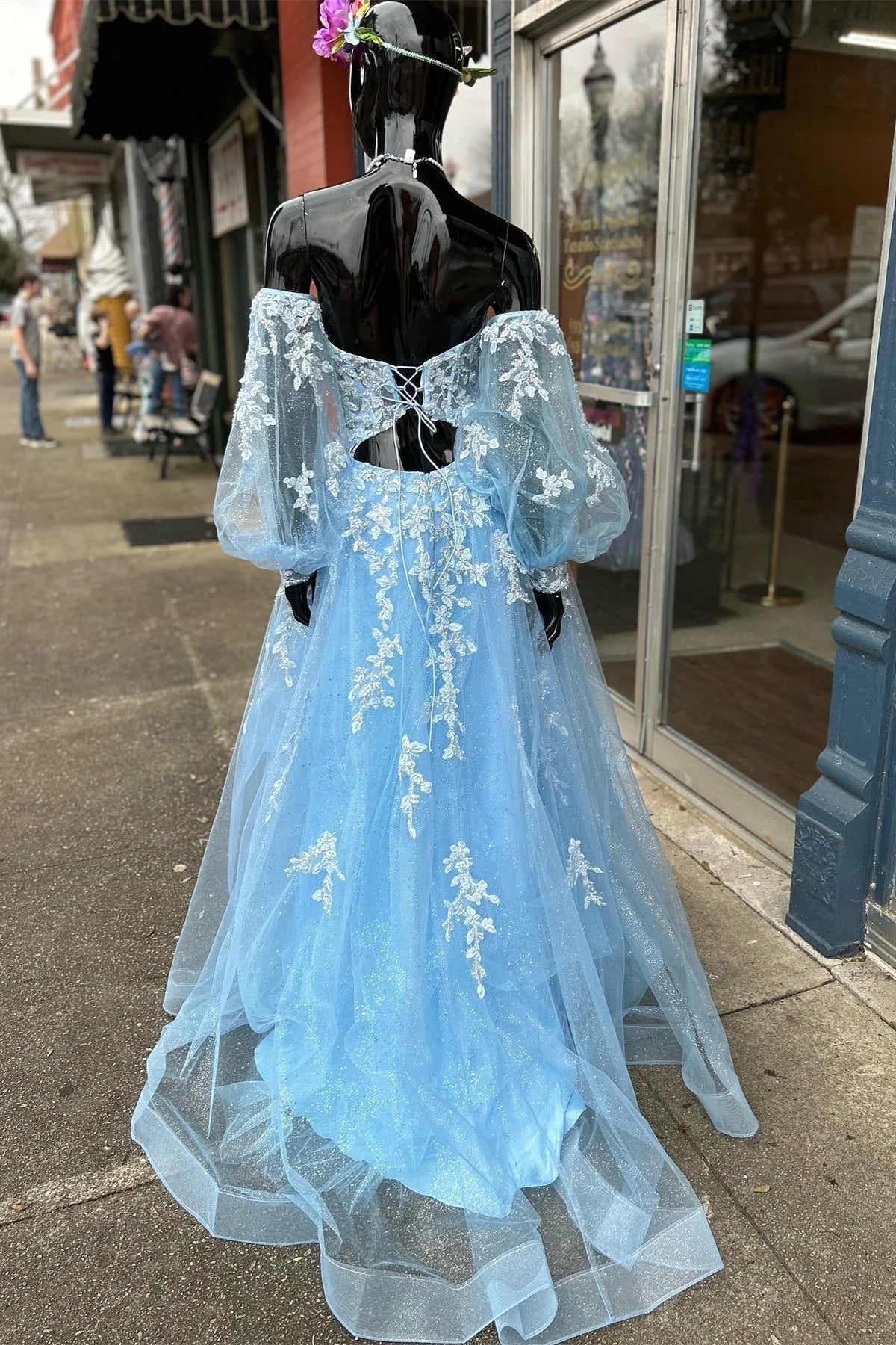 Blue Floral Lace Sweetheart A-Line Prom Gown with Sleeves fg4213