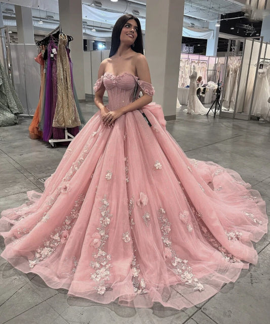 Pink Quinceanera Dress Ball Gown Applique 3D Flower Sweet 16 Party Prom Dress