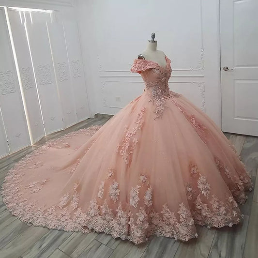 Pink Quinceanera Dress Sweet 16 Beaded Off-Shoulder 3D Floral Ball Gown Quinceanera Dresses