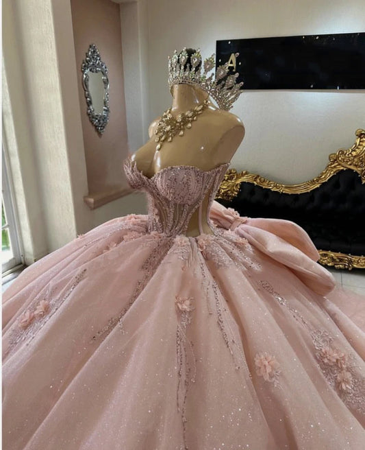 Pink Quinceanera Dress Sweet 15 16 Bow Beaded 3D Floral Glitter Ball Gown Quinceanera Dresses