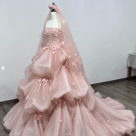 Pink Ruffle Quinceanera Dress 3D Floral Sweet Sleeveless 15 16 Party Ball Gown Prom Dress