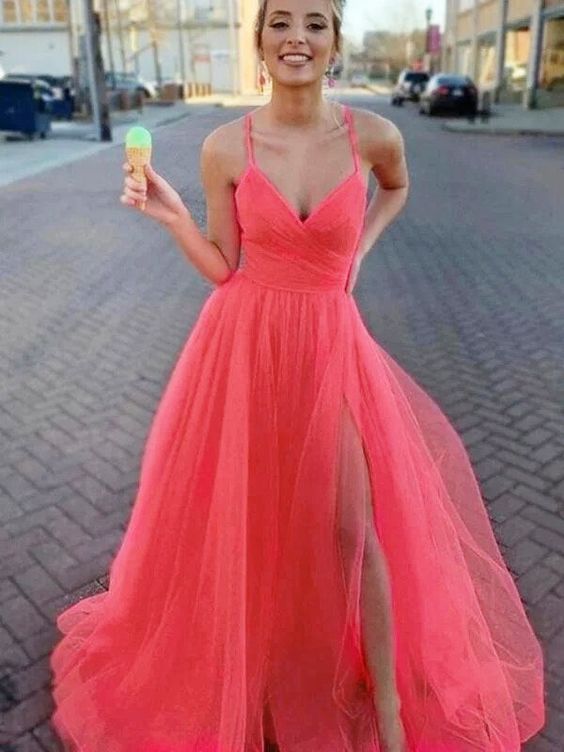 A-Line Princess Sleeveless Tulle V-neck Ruched Sweep Brush Train Dresses Prom Dresses fg3189