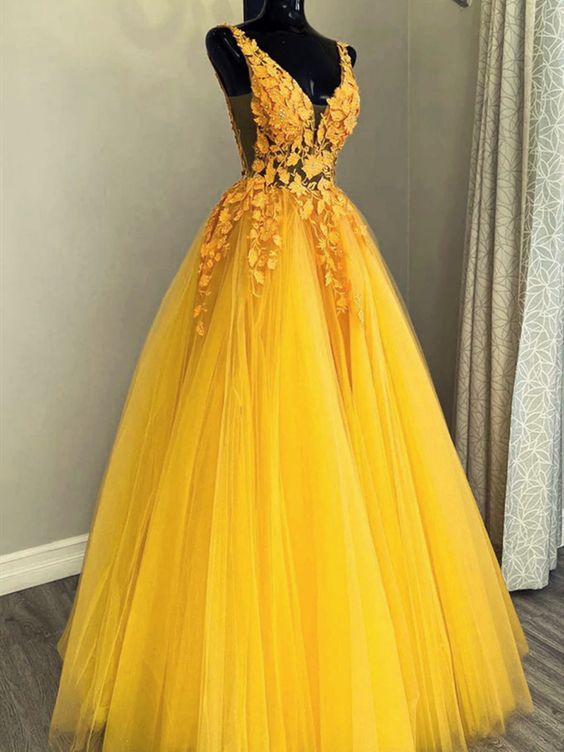 Beautiful Yellow V-neckline Low Back Tulle with Lace Long Party Dresses, A-line Tulle Prom Dresses fg3196