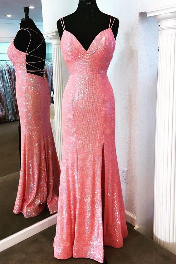 Long Pink Sparkle Sequins Prom Dresses Formal Evening Gowns fg3156
