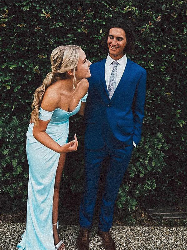 Chic Sheath Sweetheart Light Blue Split Prom Dresses fg2728